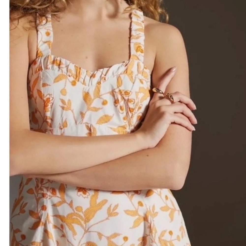 Anthropologie Orange White Floral Cross Back Smocked Mini Dress with Pockets S